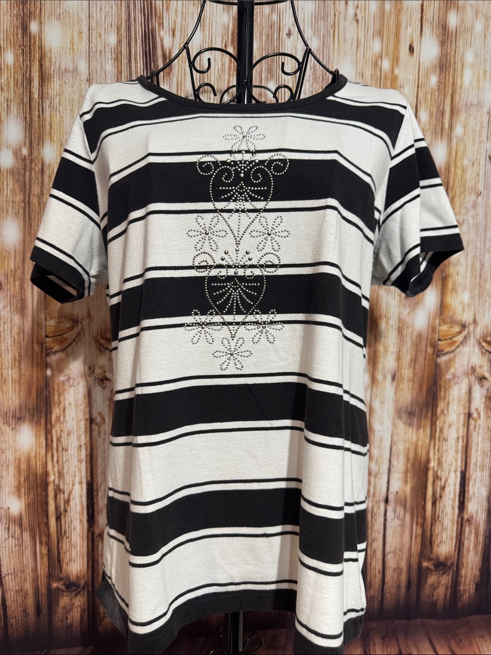 Coral Bay Black & White Striped Short Sleeve Top with Rhinestone Floral Motif